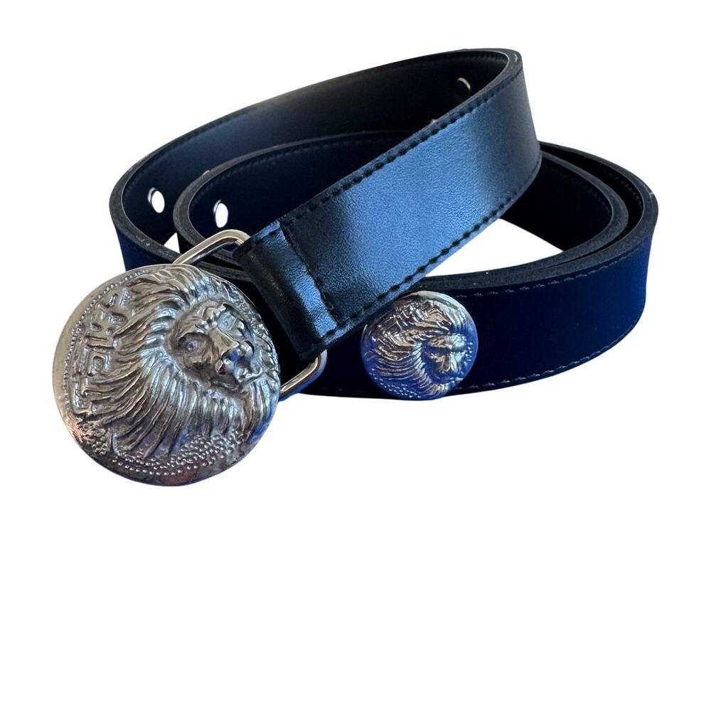 Silver Lion Head Buckle Black Faux Leather Belt Men's/Women's Western